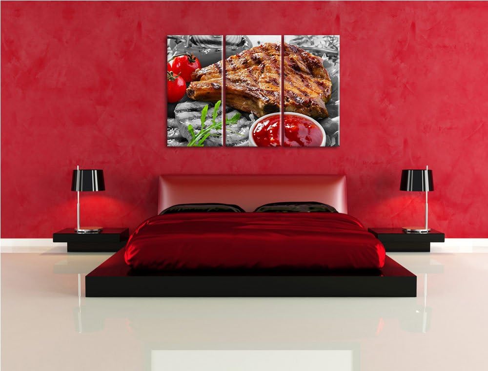 Saftiges Steak mit Grillkäse schwarz/weiss 3-Teiler Leinwandbild 120x80 Bild auf Leinwand, XXL riesi