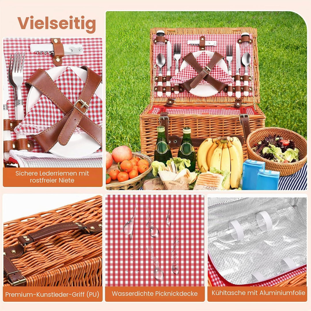 Premium Picknickkorb-Set für 4 Personen, Weidenkorb mit Kühlfach, Wasserdichter Decke, Tellern, Gläs