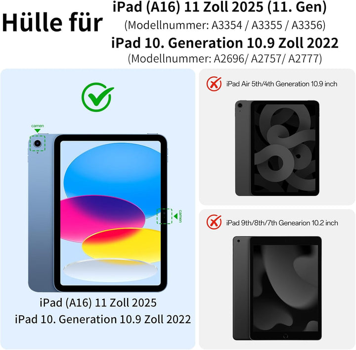 Hülle mit Tastatur für iPad (A16) 11 Zoll 2025/10. Generation 10.9 Zoll 2022, Deutsch QWERTZ Layout
