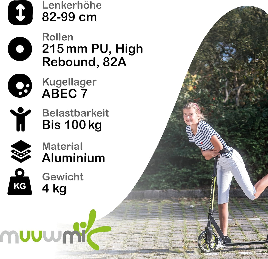 muuwmi Aluminium Scooter Pro – Tretroller, 215 mm, ABEC 7, für Kinder und Erwachsene, GS-geprüft, hö
