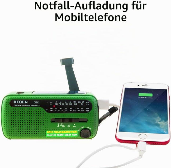 Degen DE13 Cranked Solar FM AM SW Receiver with Flashlight/SOS Alarm/Rechargeable Cell Phone for Eme