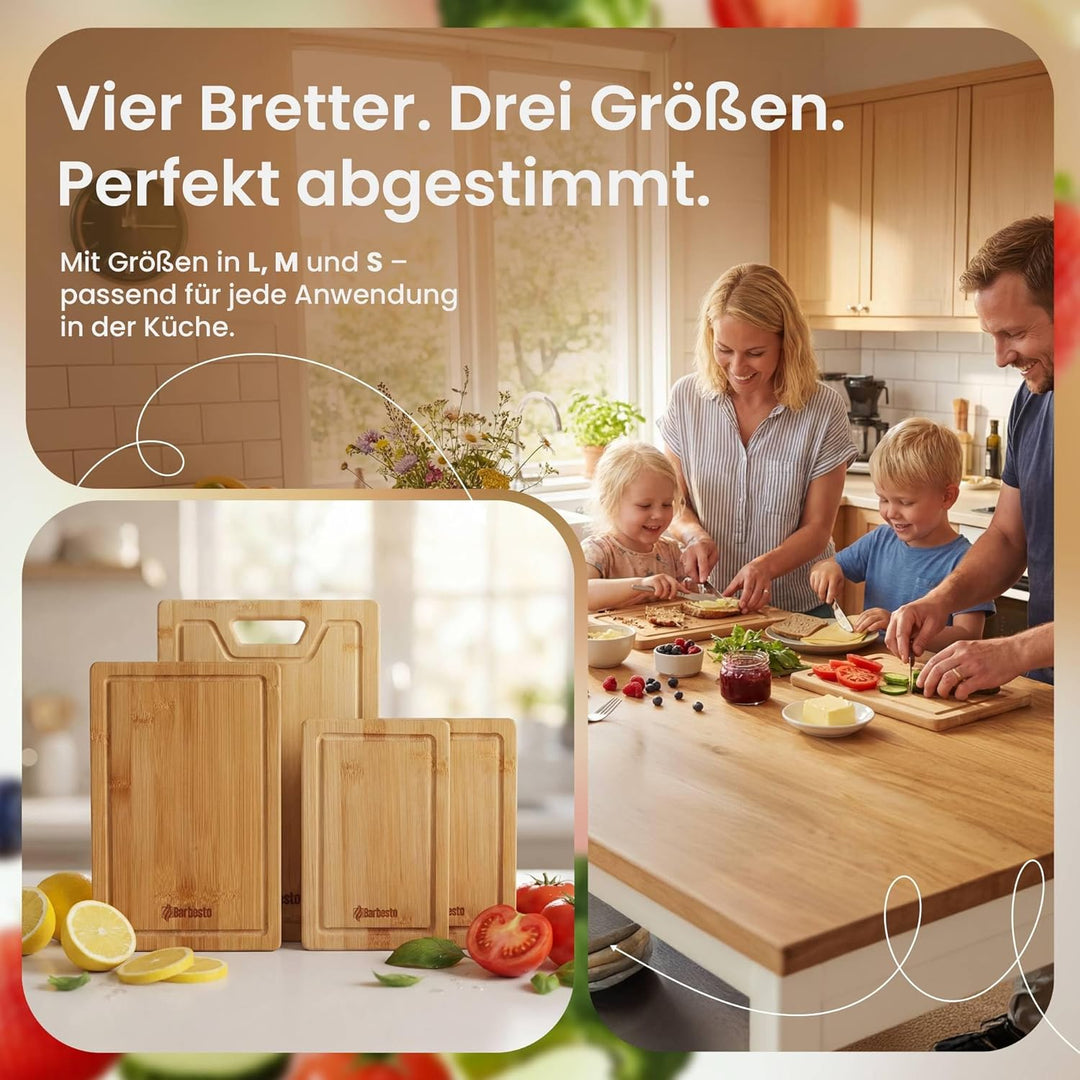 CLP Schneidebrett Bambus-Holz 4er Set Bamio, messerschonend und antibakteriell, extradicke Servierbr