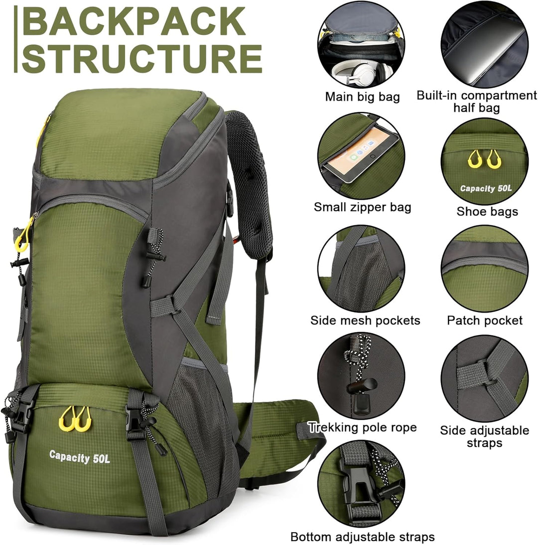 jianyana Wanderrucksack 50L Trekkingrucksack Regenhülle Reiserucksack Wasserdichter Campingrucksack