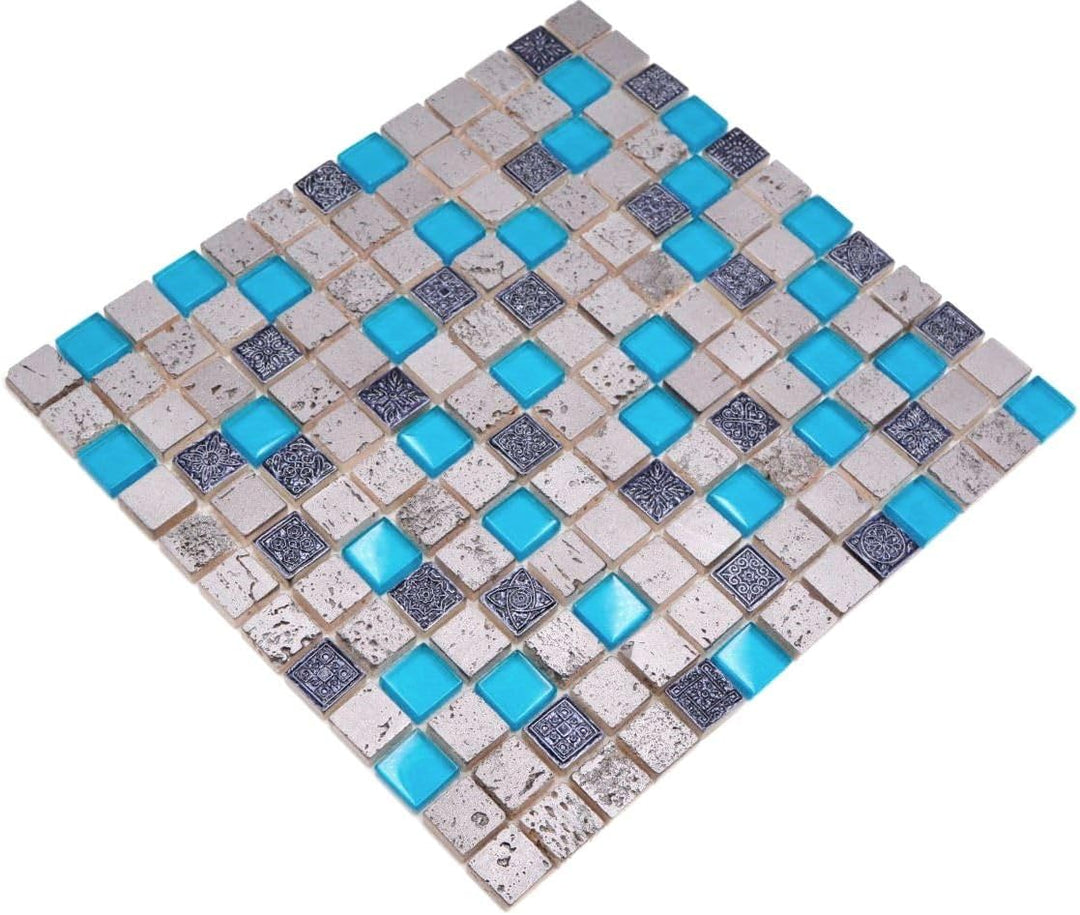 Glasmosaik Quadrat Crystal/Stein/Resin mix blau Rustikal, Mosaikstein Format: 23x23x8 mm, Bogengröss
