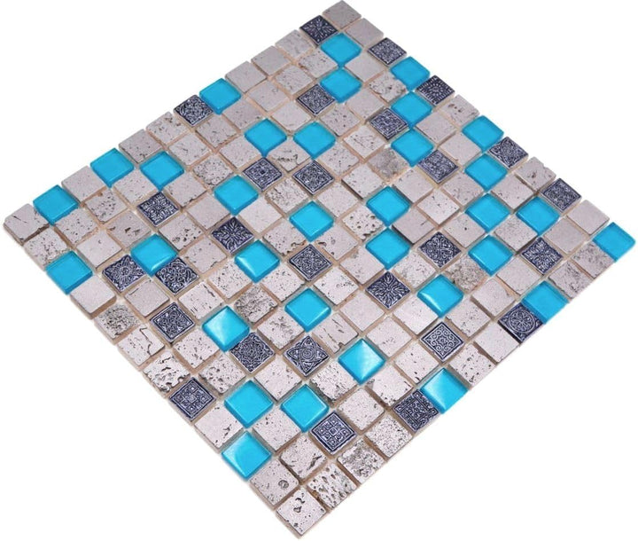 Glasmosaik Quadrat Crystal/Stein/Resin mix blau Rustikal, Mosaikstein Format: 23x23x8 mm, Bogengröss