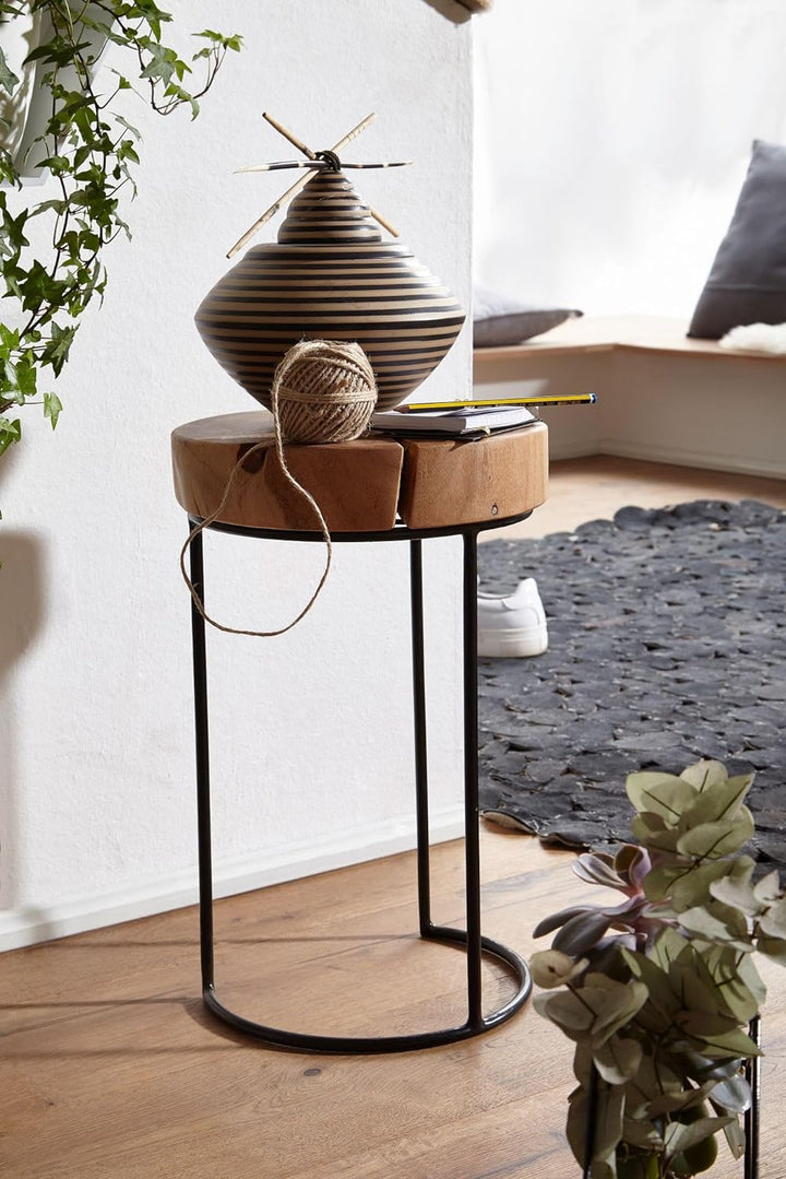FineBuy Beistelltisch Massiv-Holz Wohnzimmer-Tisch Metallbeine Landhaus-Stil Baumstamm-Form Echt-Hol