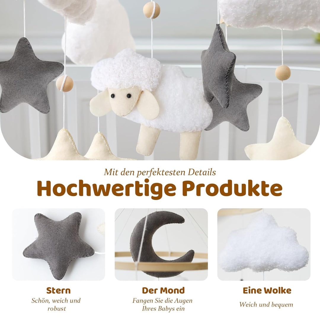 Schaf Mobile Baby Hölz Babybett Süsses Lämmchen Mobile Baby Windspiel mit Filzbällen Wolke und Stern