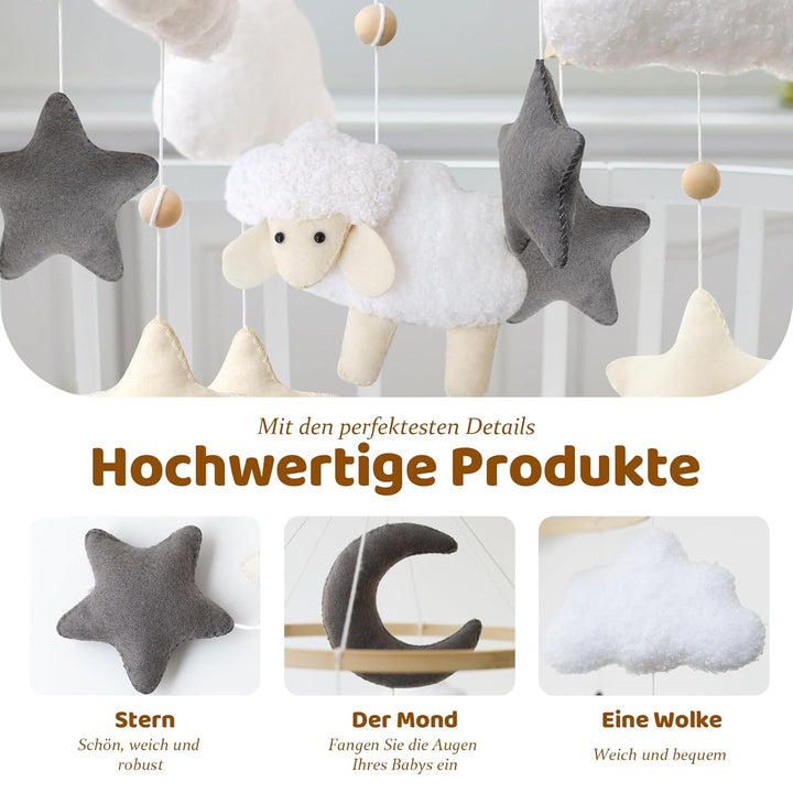 Schaf Mobile Baby Hölz Babybett Süsses Lämmchen Mobile Baby Windspiel mit Filzbällen Wolke und Stern