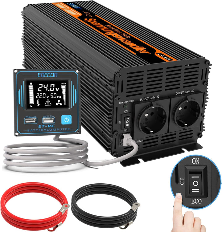 EDECOA Wechselrichter 24v 230v 2000w Spannungswandler Reiner Sinus mit Fernbedienung 2X USB und Bild