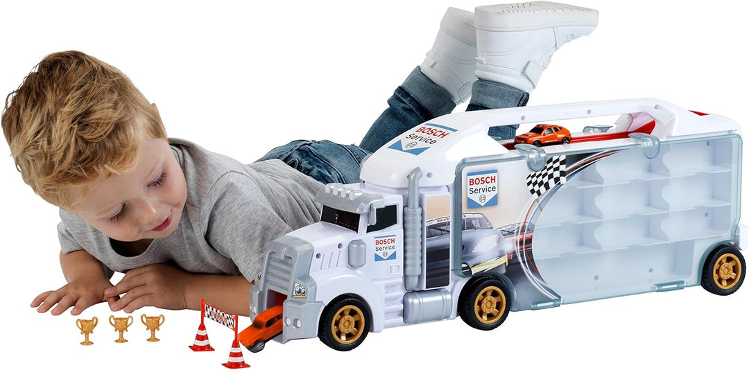 Klein Theo 2837 Bosch Car Service Sammelkoffer Truck mit integrierter Abfahrtsrampe | 26 Staufächer