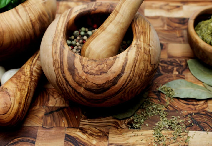 DAGDEG Mörser &amp; Stössel rund aus Olivenholz, Holzmörser,Kräuter-Gewürz-Mörser aus Holz, Kräutermühle