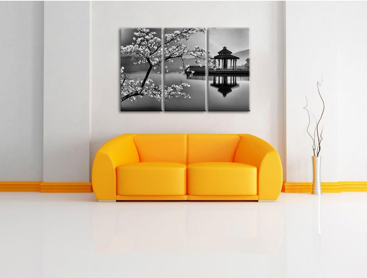 Pixxprint Kirschbaum an See als Leinwandbild/Grösse: 3 Teilig (120x80 cm) cm/Wandbild/Kunstdruck/fer