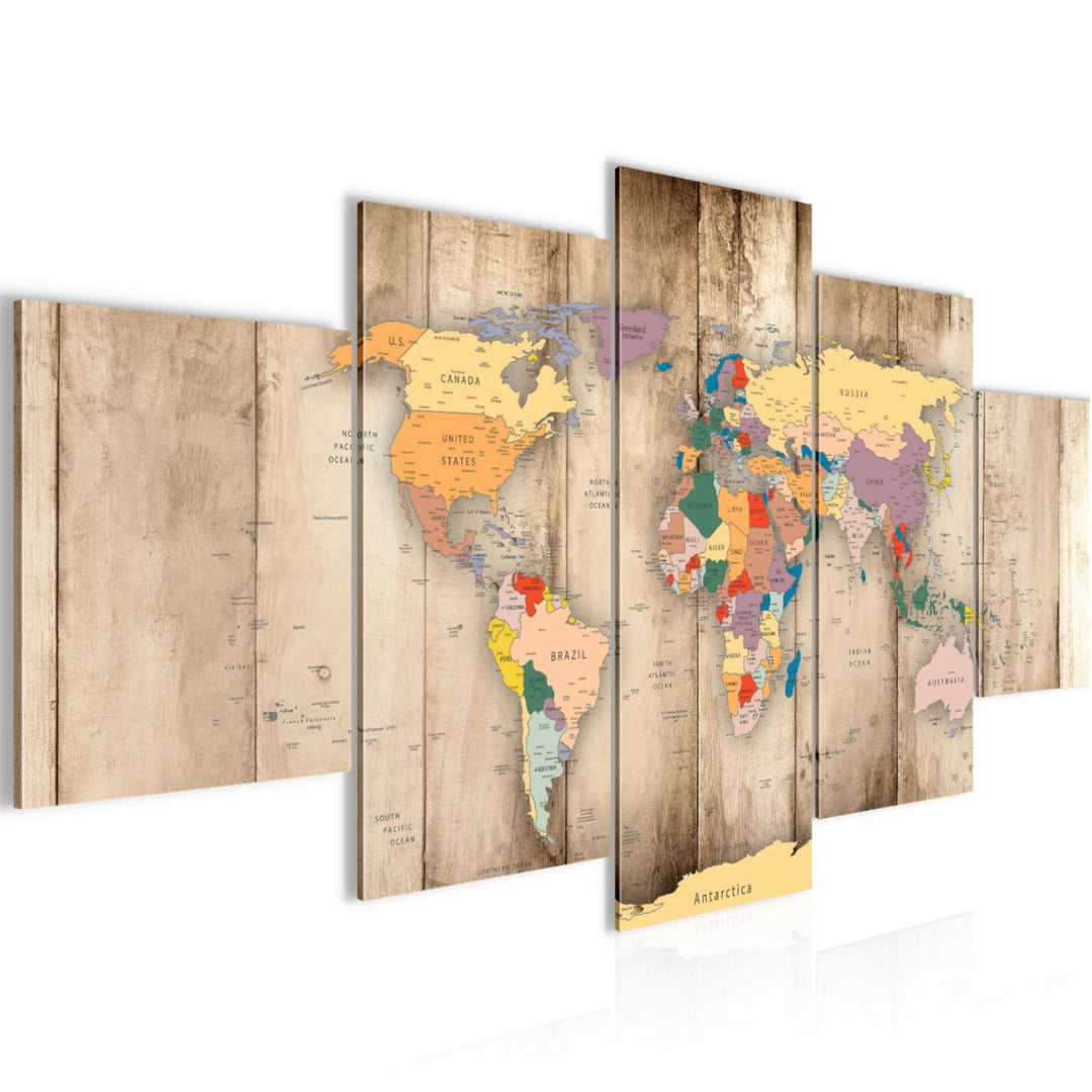 Runa Art - Bilder Weltkarte Holz 200 x 100 cm 5 Teilig XXL Wanddekoration Design Biege 108751a 200 x