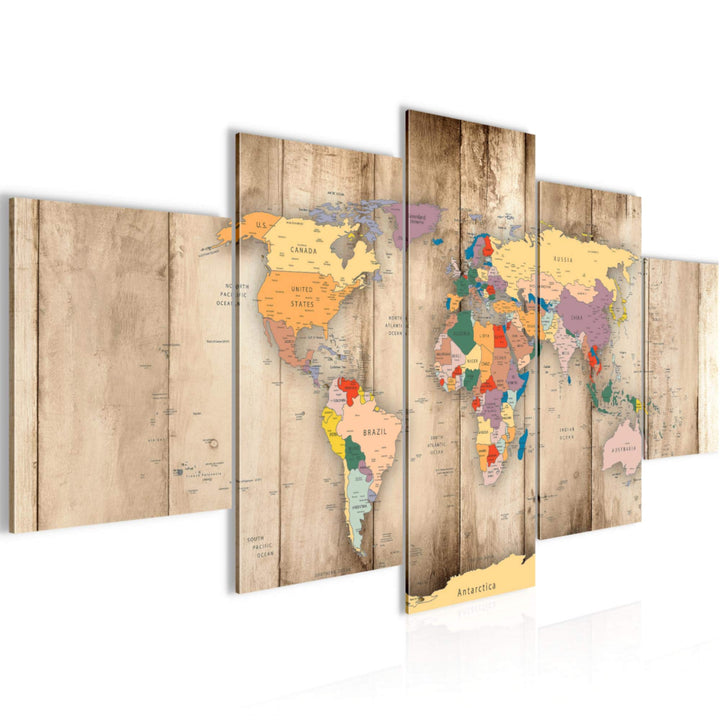 Runa Art - Bilder Weltkarte Holz 200 x 100 cm 5 Teilig XXL Wanddekoration Design Biege 108751a 200 x