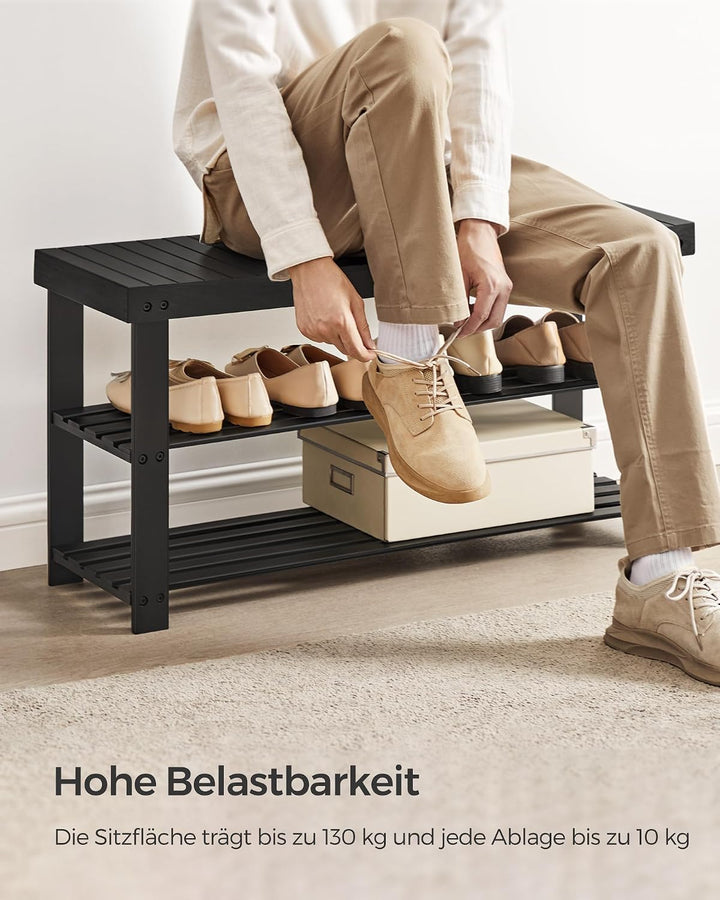 SONGMICS Schuhbank, Schuhregal mit 3 Ebenen, Schuhablage aus Bambus, bis 130 kg belastbar, 28,7 x 90