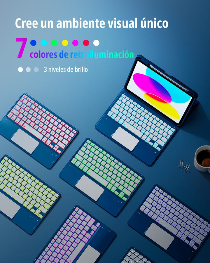 CACOE Hülle Tastatur Kompatibel mit iPad 10 10.9 Zoll 2022 A2757/A2777 mit Touchpad, 7-Farbige Beleu