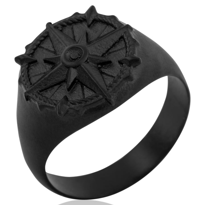 Akitsune Guidance Ring | Kompass Karte Nord Nautisch Ring Herren Edelstahl Designer Mattschwarz 67 (