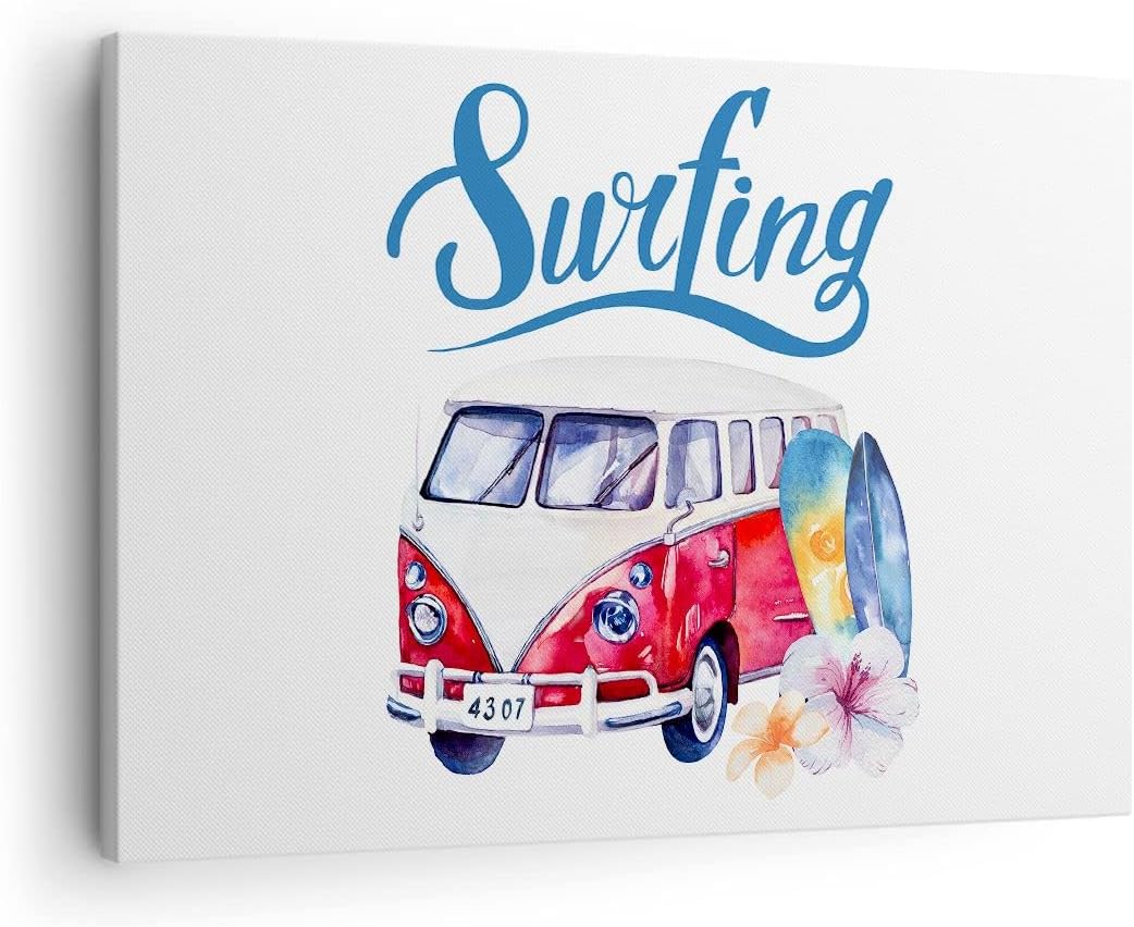 Bilder auf Leinwand Aquarell Surfbrett Palme Bäume Leinwandbild 70x50cm Wandbilder Dekoration Wohnzi