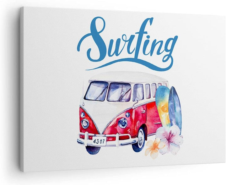 Bilder auf Leinwand Aquarell Surfbrett Palme Bäume Leinwandbild 70x50cm Wandbilder Dekoration Wohnzi