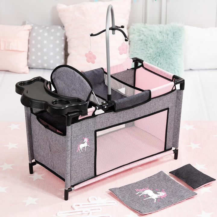 Bayer Design 62633AB Puppenbett mit Schrank, Sitz, Mobile, Ablage, Bettdecke, Kissen, Jeans-grau, ro