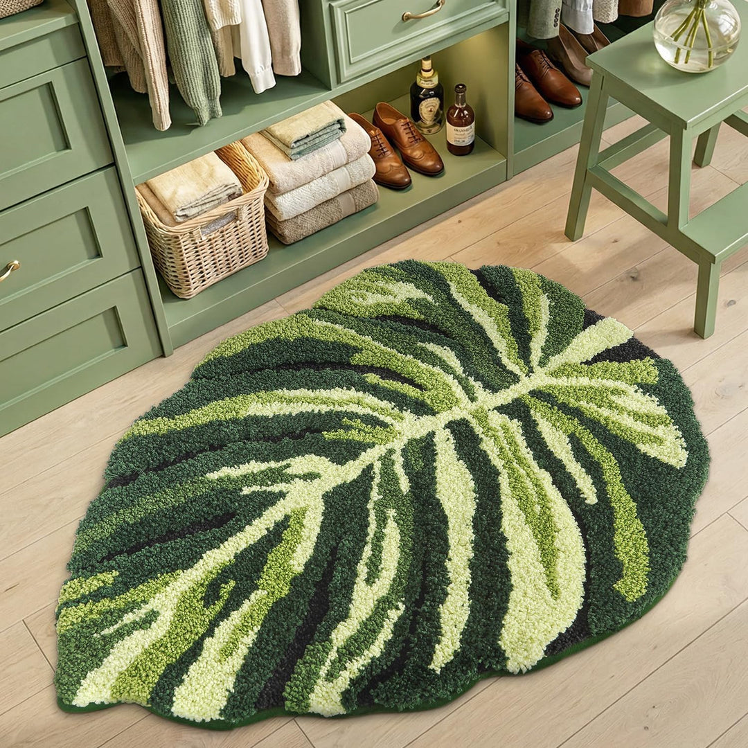 DEXI Badezimmerteppich 80 x 120 cm, Badematte rutschfest Absorbierende mit Monstera Pflanzenmuster,