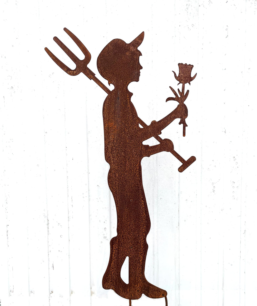 Gartenfigur Gärtner Fritz mit Spatengabel und Rose 100x57cm zum Stecken Gartenstecker Edelrost Garte