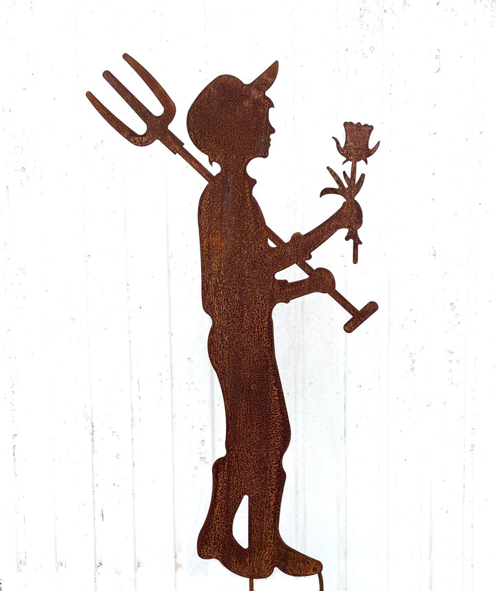 Gartenfigur Gärtner Fritz mit Spatengabel und Rose 100x57cm zum Stecken Gartenstecker Edelrost Garte