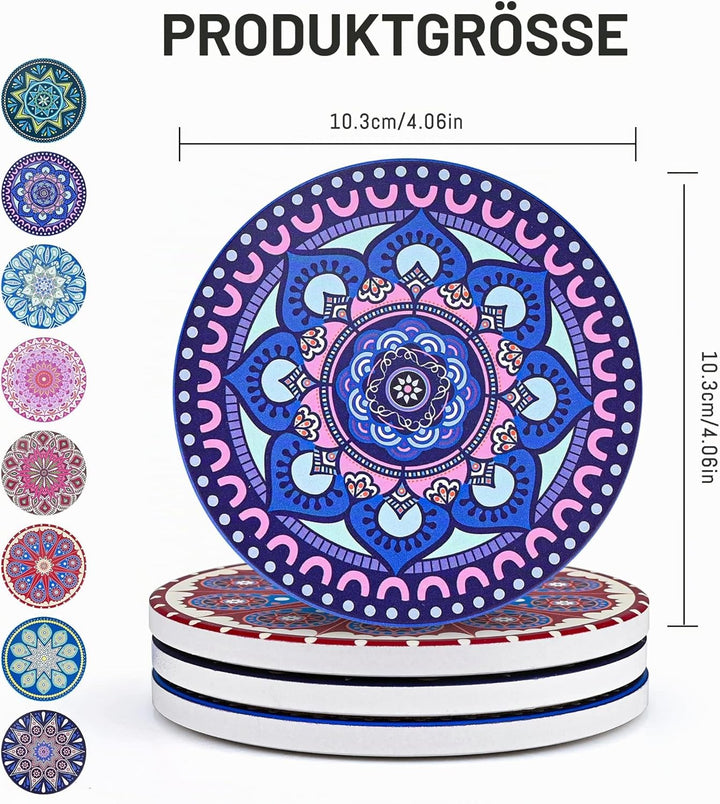 Untersetzer Gläser Keramik - 8er Set Mandala Untersetzer mit Halter & Korkboden Rund Glasuntersetzer
