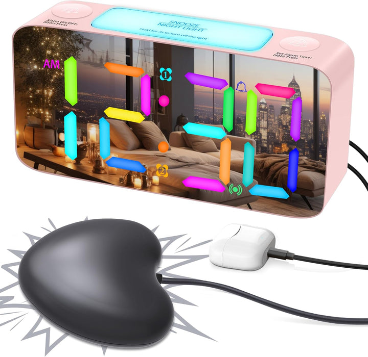 Super lauter RGB-Spiegelwecker mit Bettschütteler, vibrierender Wecker für schwere Schläfer, Hörgesc