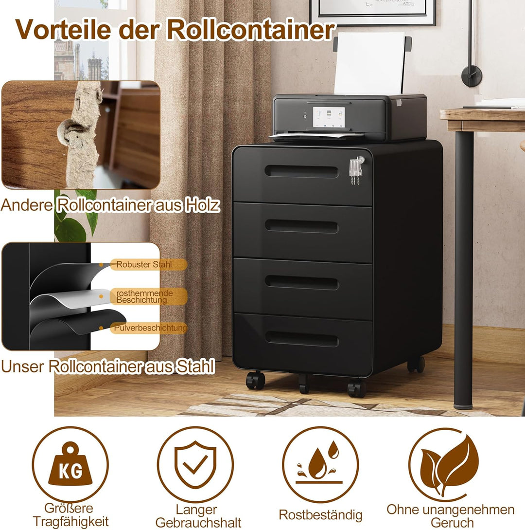 Rollcontainer, Mobiler Aktenschrank mit Schloss, Abgerundeten Ecken, 4 Schlüssel, 4 Schubladen, Büro