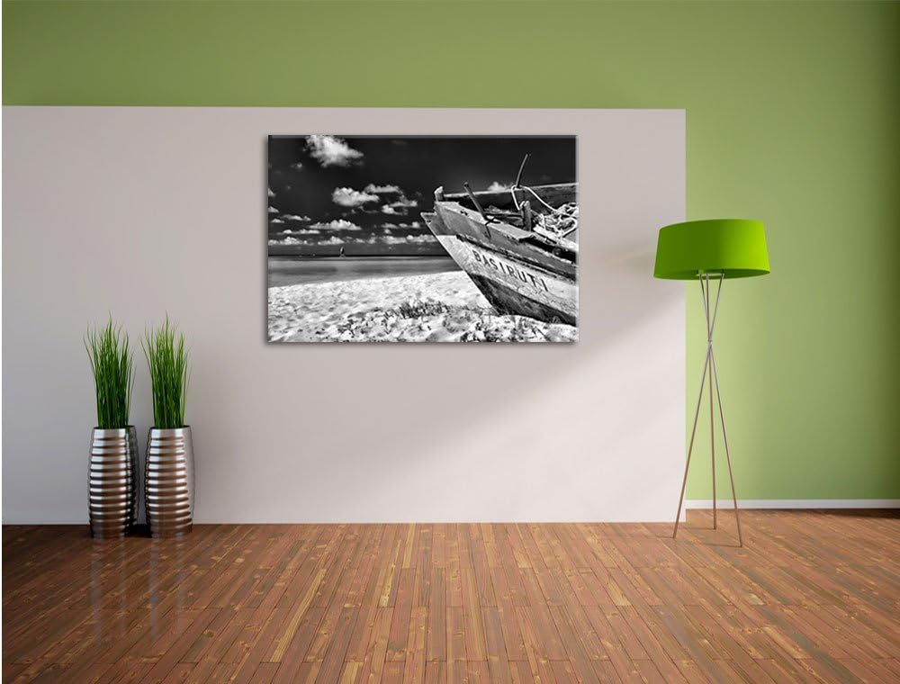 Monocrome, Boot am Strand, Format: 100x70 auf Leinwand, XXL riesige Bilder fertig gerahmt mit Keilra