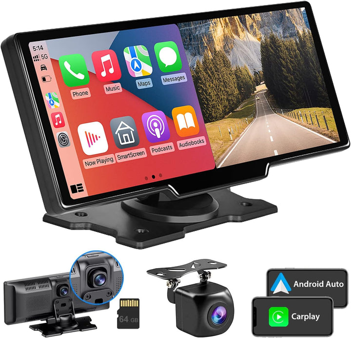 Tragbares Autoradio mit Wireless Carplay und Android Auto, Dashcam, Rückfahrkamera, Loop-Recording,