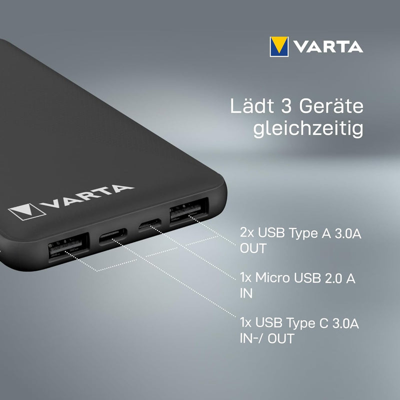 VARTA Power Bank 10000mAh, Powerbank Power on Demand mit 4 Anschlüssen (1x Micro USB, 2x USB A, 1x U