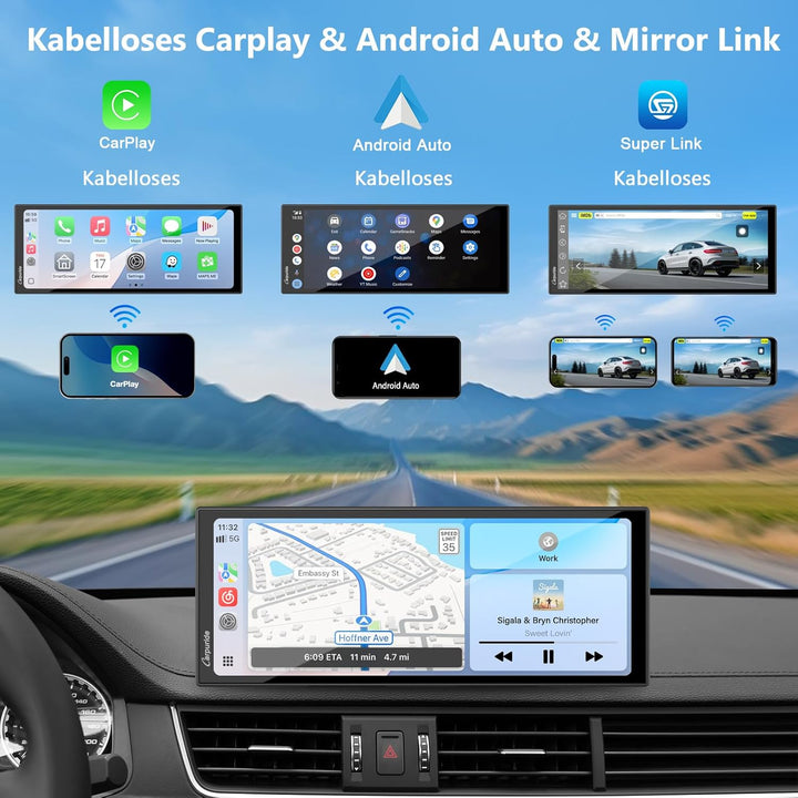 Carpuride W125S Carplay Bildschirm mit 3 Kanal Dash Cam, 4K Front & 1080P Rückkamera, 1080P Infrarot