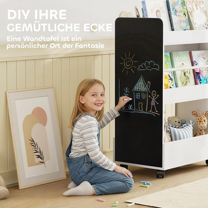 AIYAPLAY Kinder Bücherregal, Kinderregal mit 4 Regalen Bodenfach 2 Seitenteile, doppelseitiges Kinde