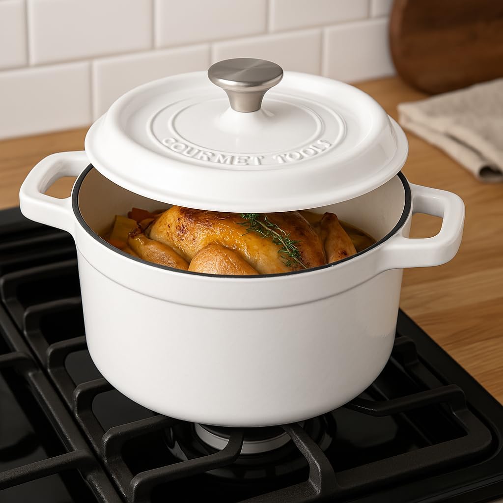 Runder Kochtopf aus Gusseisen mit glasierter Keramikbeschichtung, Cocotte mit Deckel. Gourmet Tools