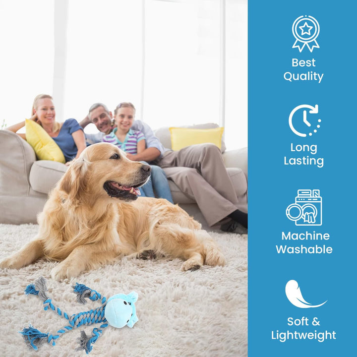 Plüschtier für Hunde, interaktives Spielzeug mit Seil und Squeak blau, blau