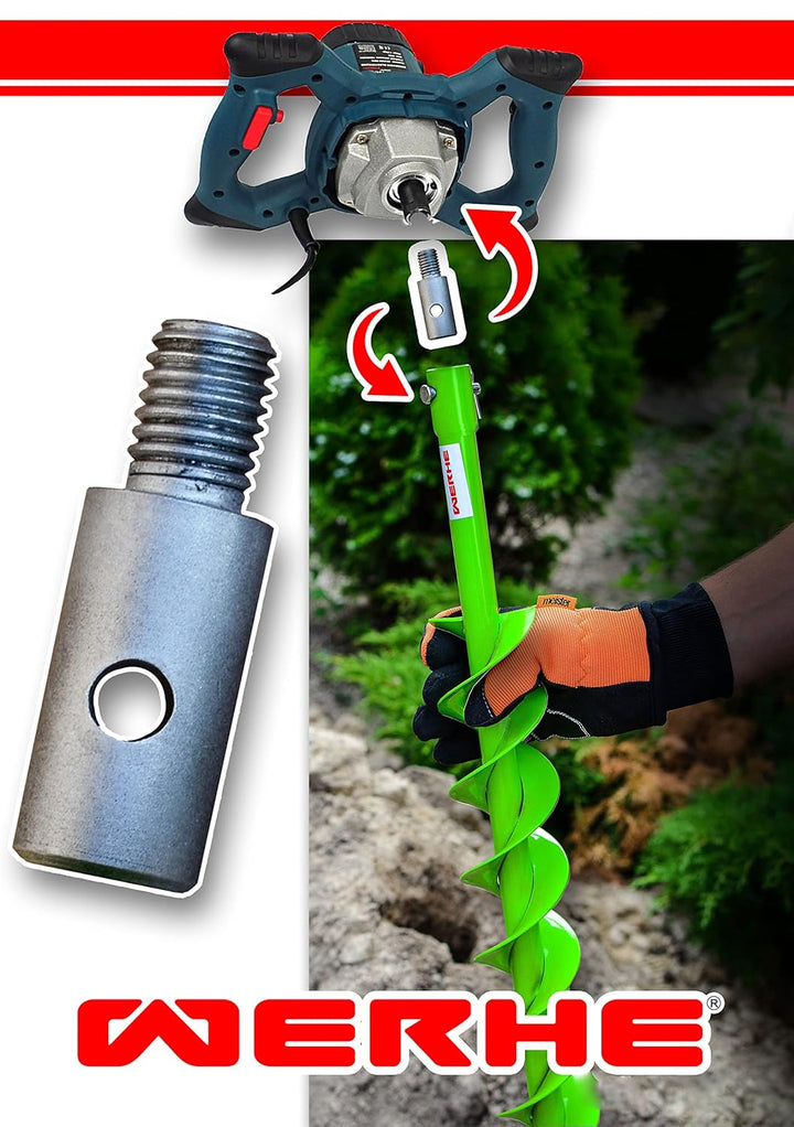 WERHE® Profi Bohrer, Erdbohrer für bohrmaschine 120 mm DoppelWelle robust mit m14 Adapter - Pfahlboh