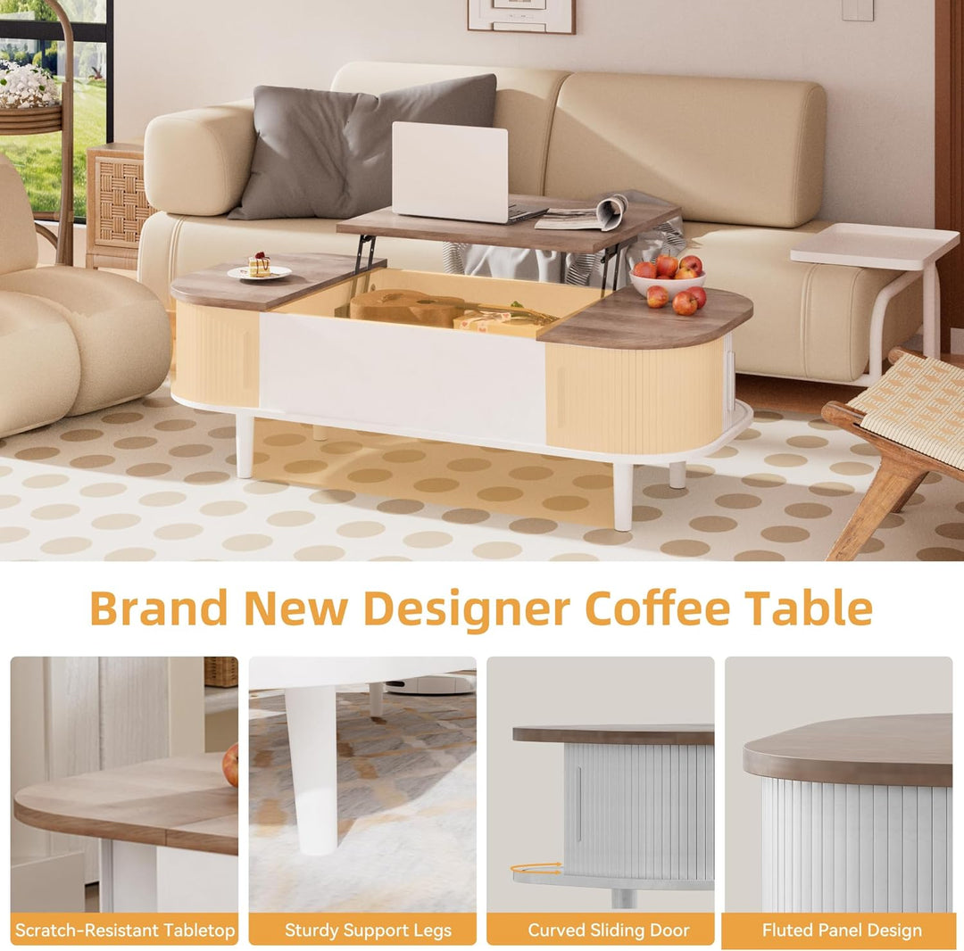 Couchtisch mit Hebeplatte – Moderner Holztisch mit Einzigartiger Textur & Verstecktem Stauraum, Kaff