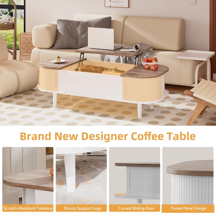 Couchtisch mit Hebeplatte – Moderner Holztisch mit Einzigartiger Textur & Verstecktem Stauraum, Kaff