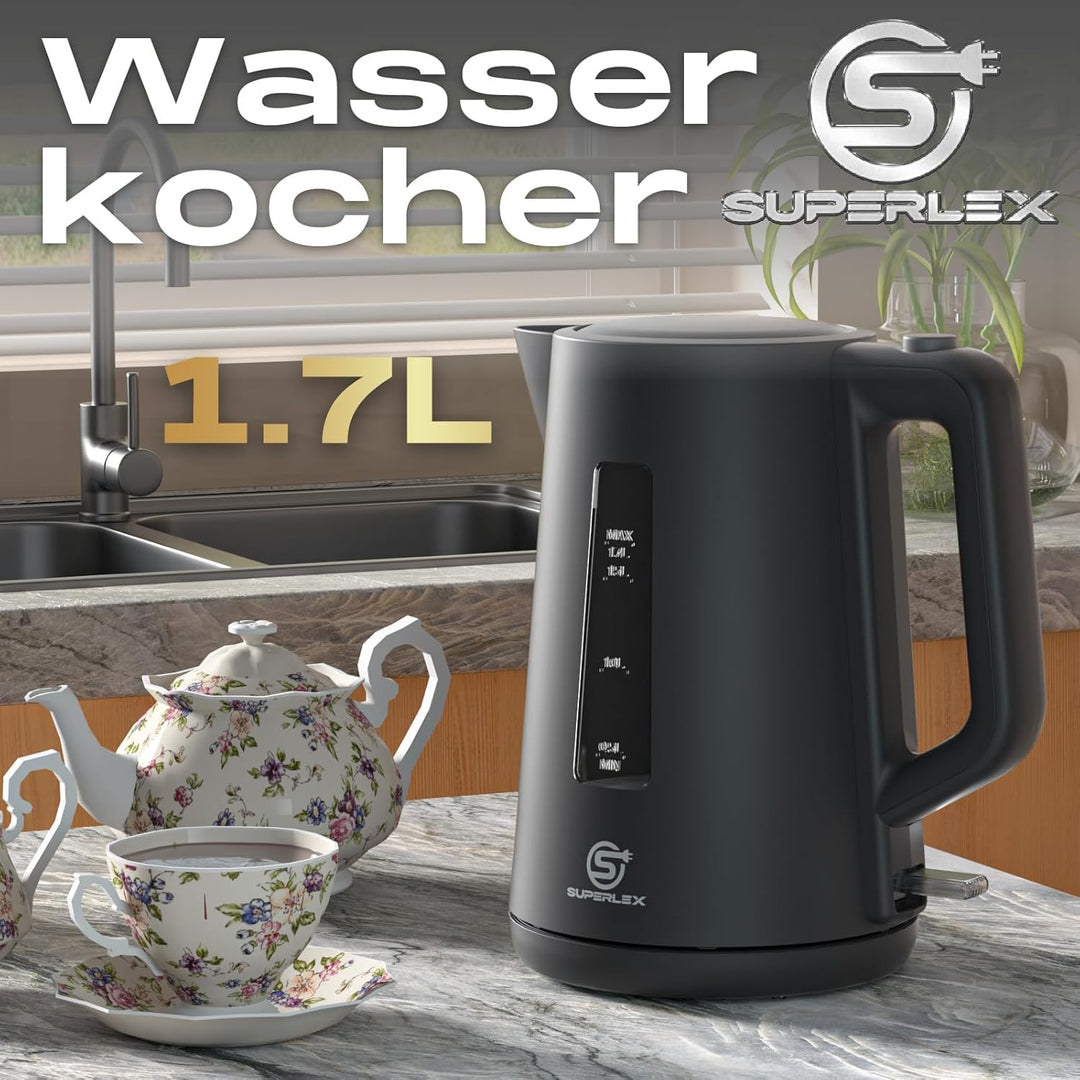 Frühstücksset Wasserkocher Toaster Set Schwarz 1,7L 2200W Mit 4 Scheiben Langschlitz Toaster 7 Bräun