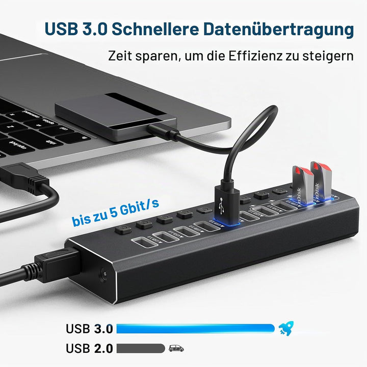 USB-3.0-Hub, Aluminium, 10 Anschlüsse, USB-3.0-Daten-Hub mit 12 V/4 A (48 W) Netzadapter und individ