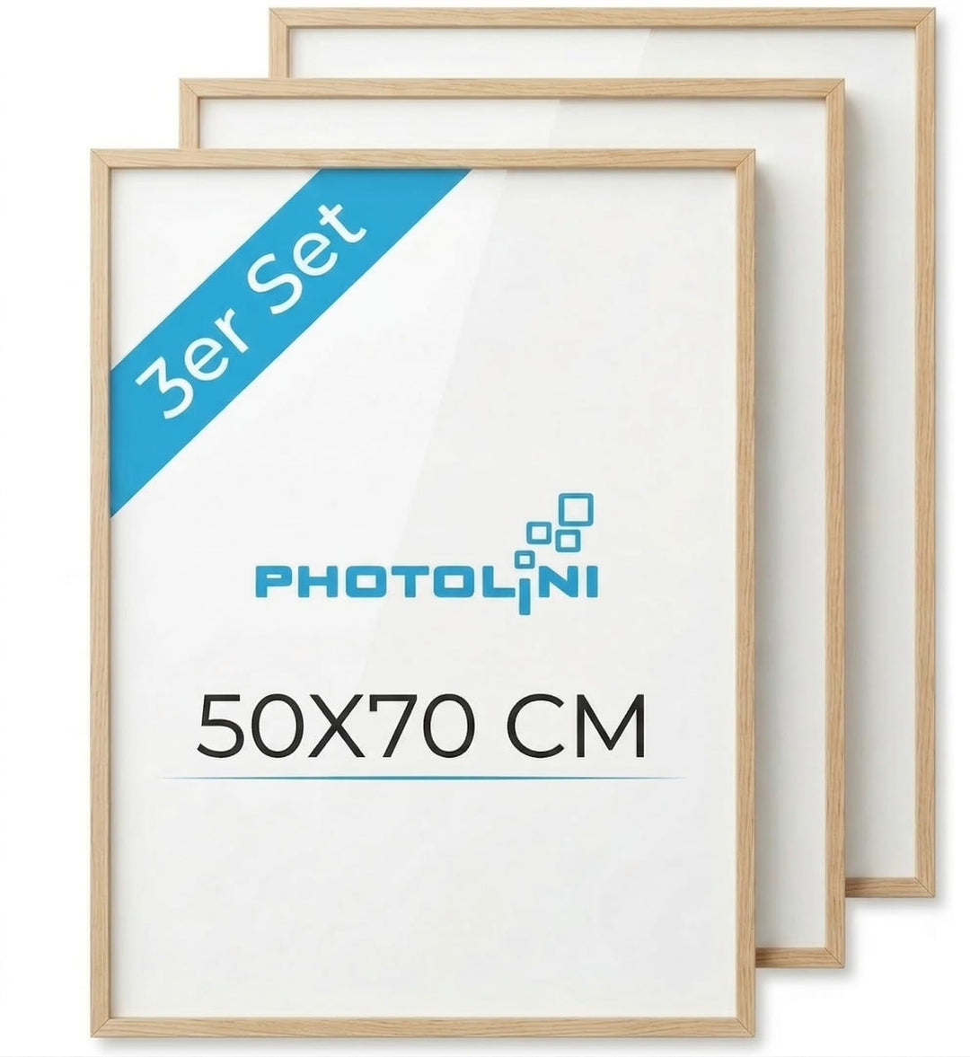 PHOTOLINI Bilderrahmen 50x70 Holz MDF Natur 3er Set, 50x70 cm Bilderrahmen gross, Rahmen 70x50 Puzzl