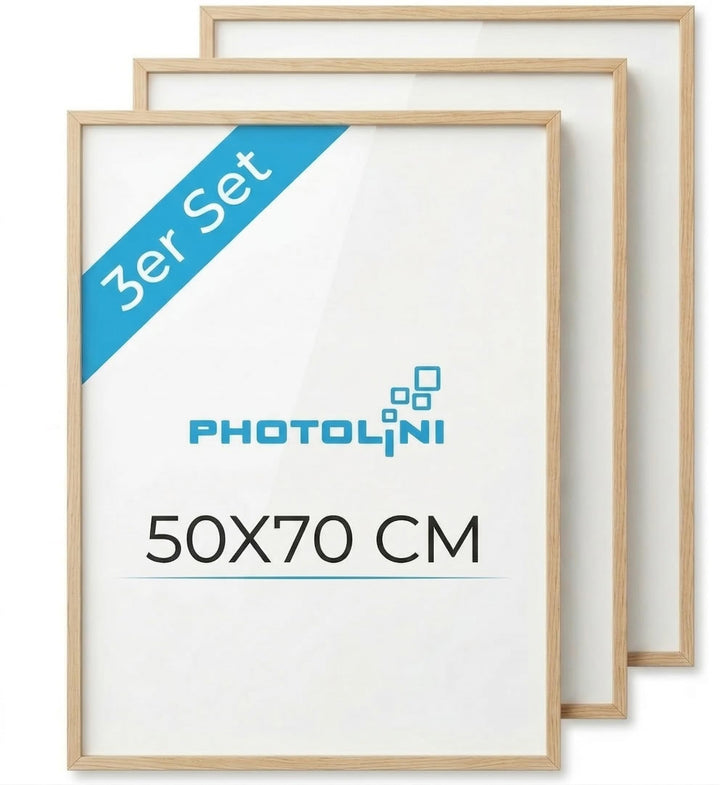 PHOTOLINI Bilderrahmen 50x70 Holz MDF Natur 3er Set, 50x70 cm Bilderrahmen gross, Rahmen 70x50 Puzzl