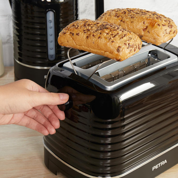 Petra PT5573BLKVDE Toaster – 2 Toastschlitze mit integrierter Brötchen-Warmhalterung für Gebäck, 6 v