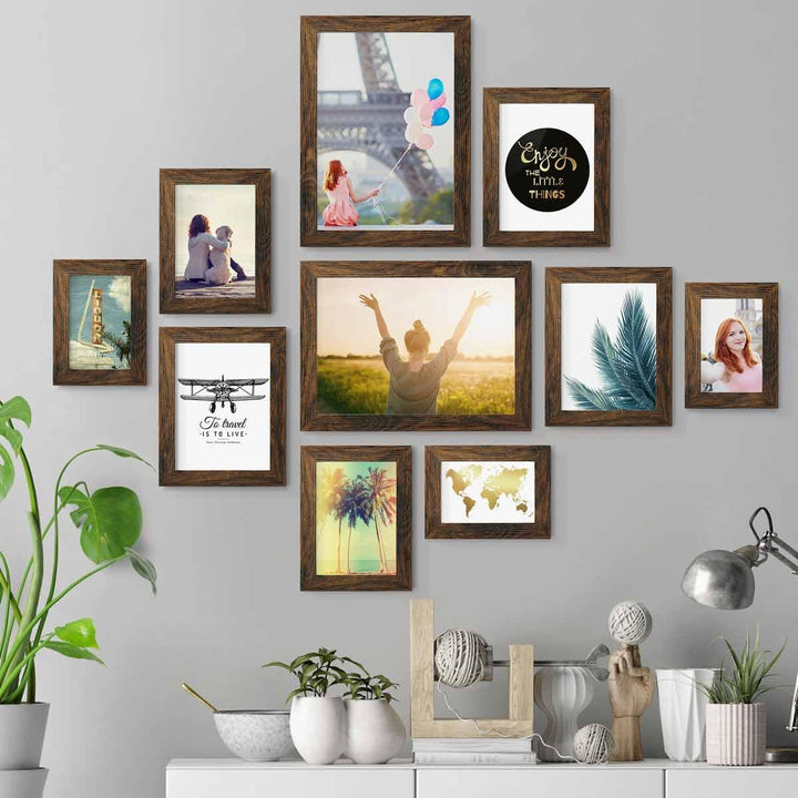 PHOTOLINI dunkle Eiche Bilderrahmen Set Holz MDF, Fotorahmen Set, 10er Bilderrahmenset Wand Collage,