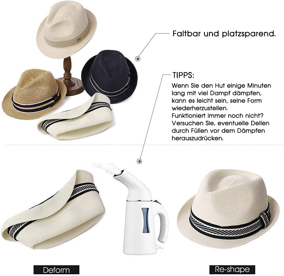 Comhats Stroh-Trilby-Hut - Unisex Sommerhut für Herren und Damen - Fedora-Stil mit UV-Schutz - Natur