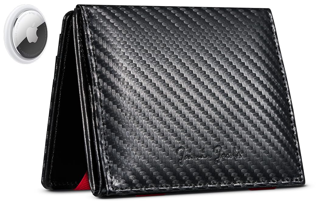Jaimie Jacobs Flap Boy AirTag Edition Magic Wallet mit Münzfach Echtleder (Carbon mit Rot), Carbon m