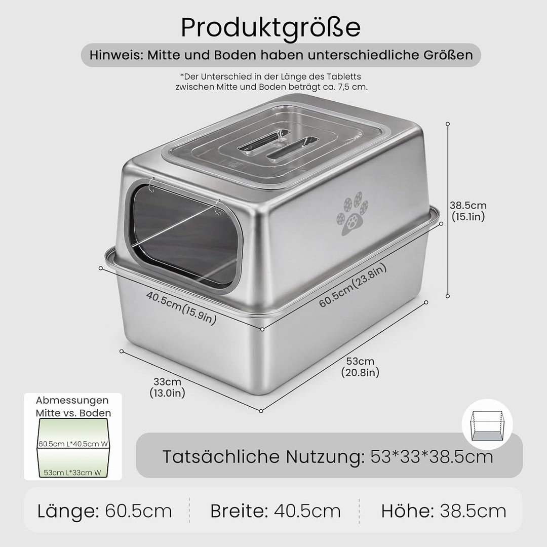 PTLOM XXL Katzenklo Edelstahl, Auslaufsicheres Katzenklo mit Deckel, grossem Metall-Streubehälter, G