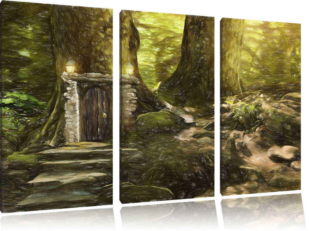 Pixxprint Geheimes Tor im Wald / 3-Teilig/Gesamtmass 120cm Leinwandbild bespannt auf Holzrahmen/Wand